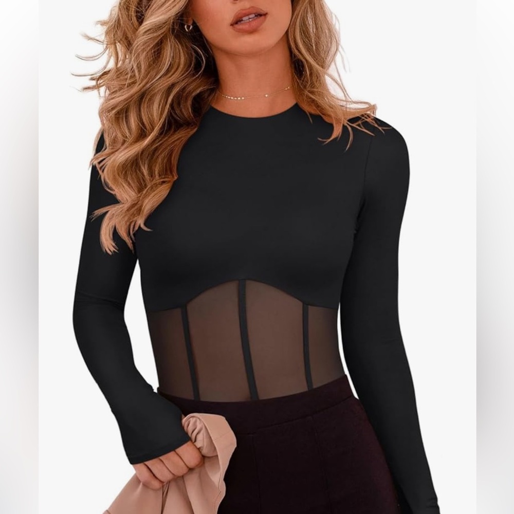 REORIA Women's Trendy Sexy Crew Neck Thumbholes Long Sleeve Sheer Mesh Bodysuit